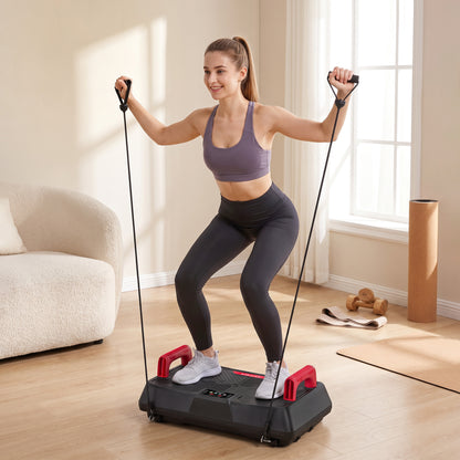 Vibration Plate Exercise Machine | 150W Swing Arm Motor | 99 Speeds | 3 Preset Programmes | 2 Resistance Bands | Removable Handles | LED Display & Remote | Anti-Slip TPR | 120kg | 66x40x23cm | Red