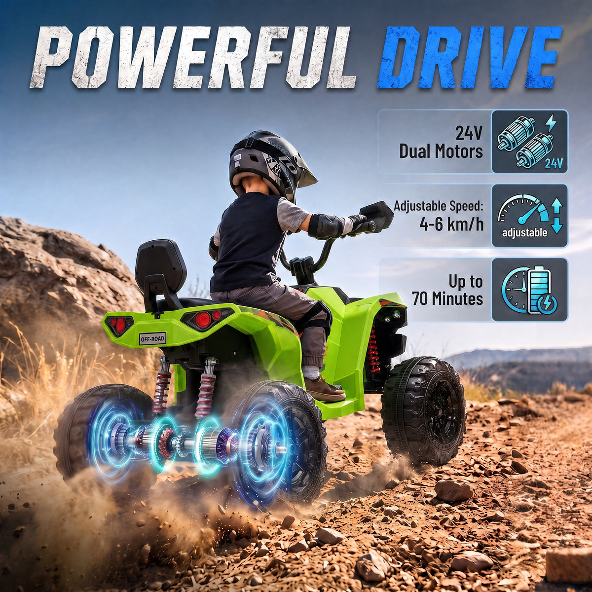 24V 2-Seater Electric Ride-On ATV Quad Bike | 4-6 km/h Forward & Reverse | 70-Minute Battery | 50 kg Capacity | Ages 3-8 | Green, Pink or Black