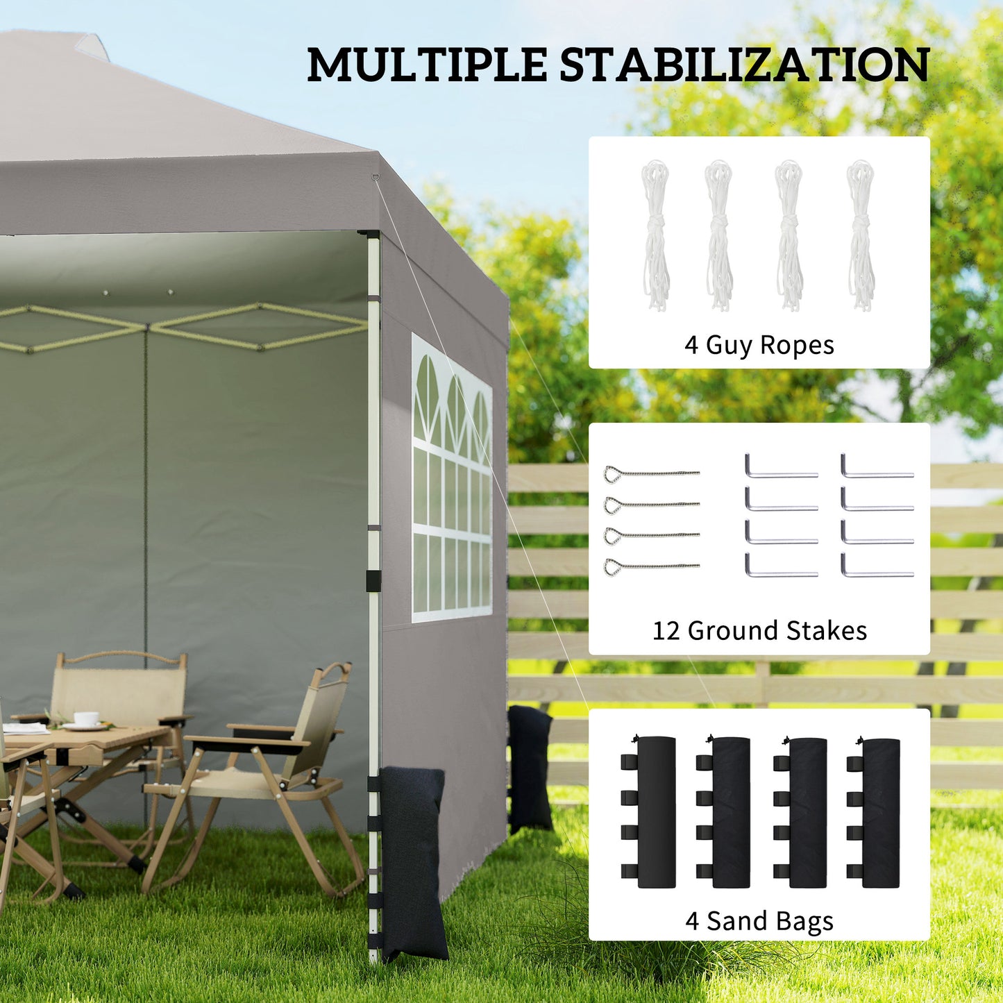 3x3m Pop-Up Canopy Gazebo | UPF50+ Waterproof 210D Oxford Fabric | 3 Detachable Sidewalls | 2 Church Windows | 2 Top Vents & 8 Drainage Holes | 3-Height Steel Frame to 285cm | 4 Guy Ropes & 12 Stakes | Wheeled Carry Bag | Grey