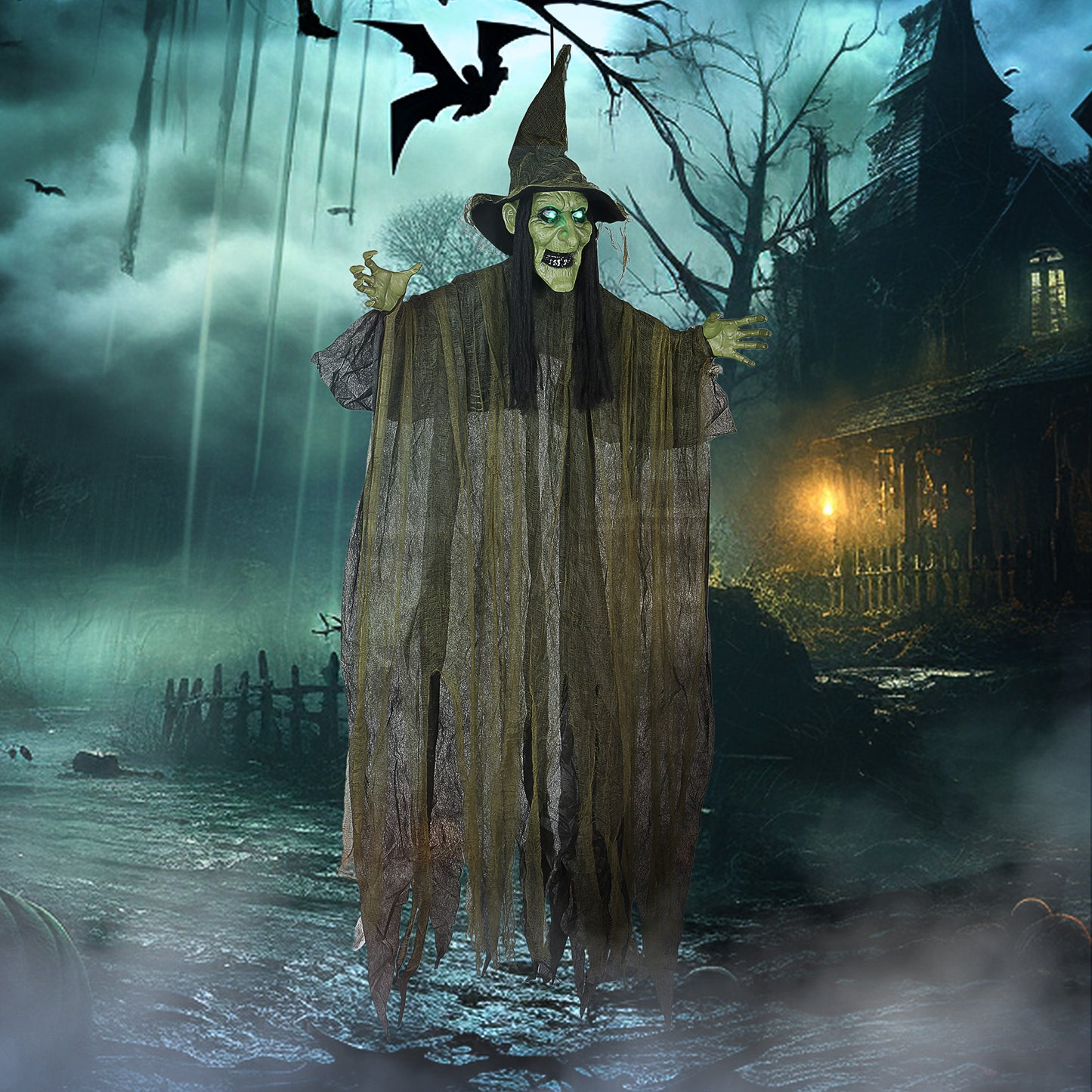 170 cm Life Size Hanging Halloween Animated Witch with Glowing LED Eyes, Spooky Witch Scary Halloween Decorations, Battery Operated, Indoor Party Props