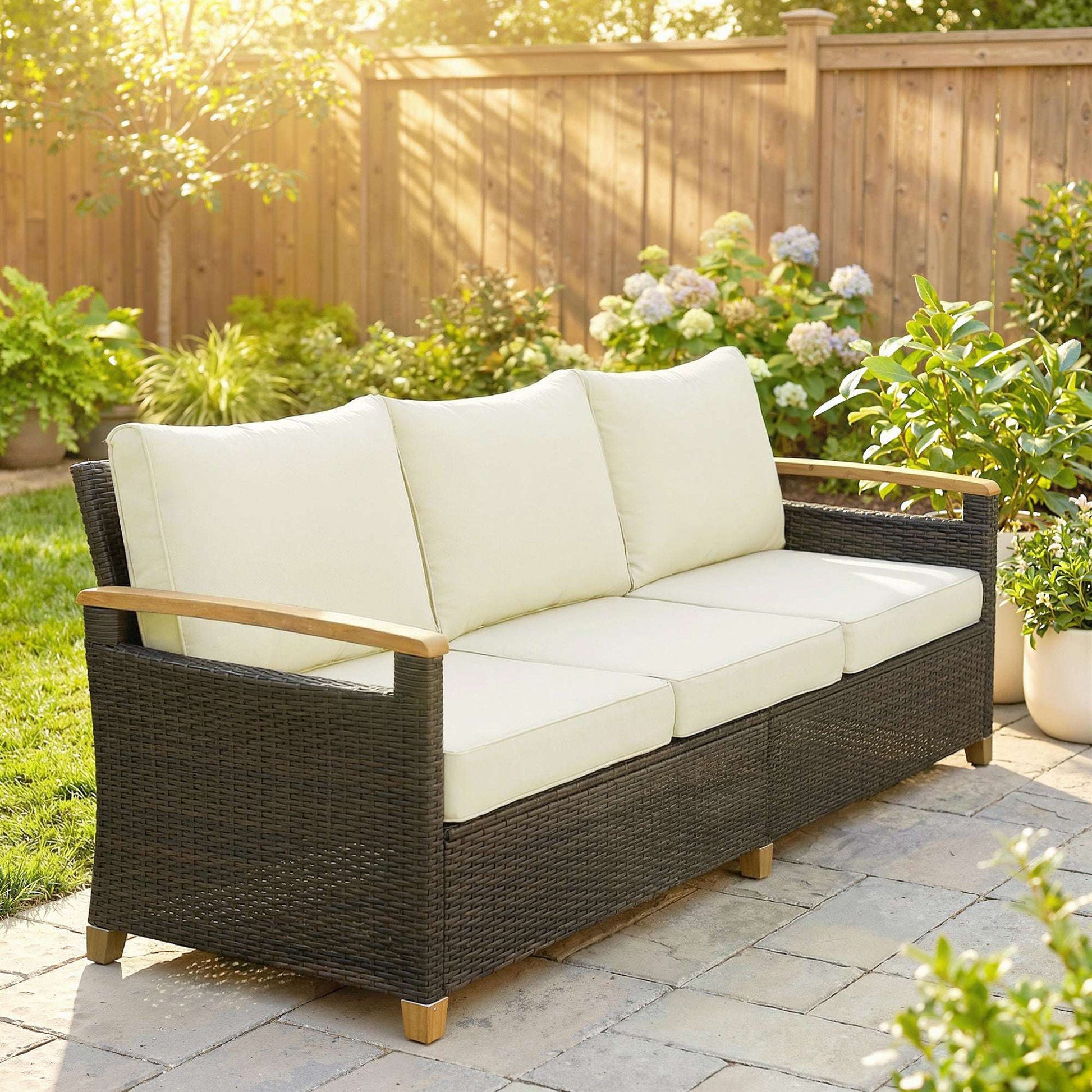 3-Seater Rattan Garden Sofa | PE Wicker | 10cm Seat Cushions | Washable Covers | Wood-Effect Arms | 360kg | All-Weather | Brown