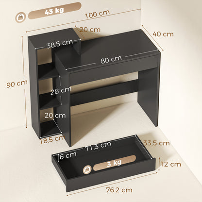 Compact Computer Desk with Storage | Wide Drawer & 3 Open Side Shelves | Black Study Workstation with Melamine Finish | 100W × 40D × 90Hcm
