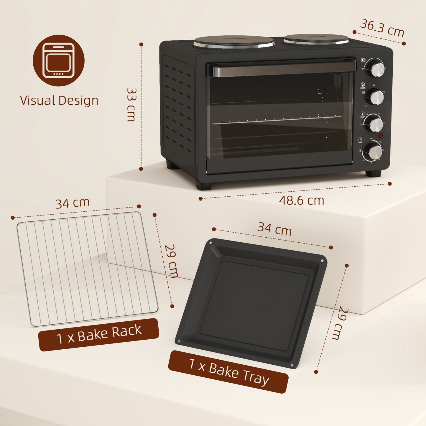 28L Countertop Toaster Mini Oven W/ 2 Hot Plates, Grill, Roast, Bake, Boil, with Timer, Adjustable Temperature, Electric Oven, Black