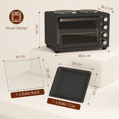 28L Countertop Toaster Mini Oven W/ 2 Hot Plates, Grill, Roast, Bake, Boil, with Timer, Adjustable Temperature, Electric Oven, Black