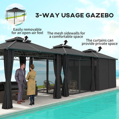 3 x 3 (m) Outdoor Polycarbonate Gazebo, Double Roof Hard Top Gazebo with Galvanised Steel Frame & Curtains for Garden, Lawn, Patio and Deck