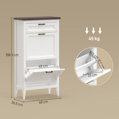 Farmhouse Narrow Shoe Cabinet | 2 Flip Drawers & Top Drawer | Adjustable Shelves | 8-12 Pairs | Slim 26.5cm Depth | Max UK 9.5 | Anti-Tipping | MDF | 60x26.5x108.5cm | White