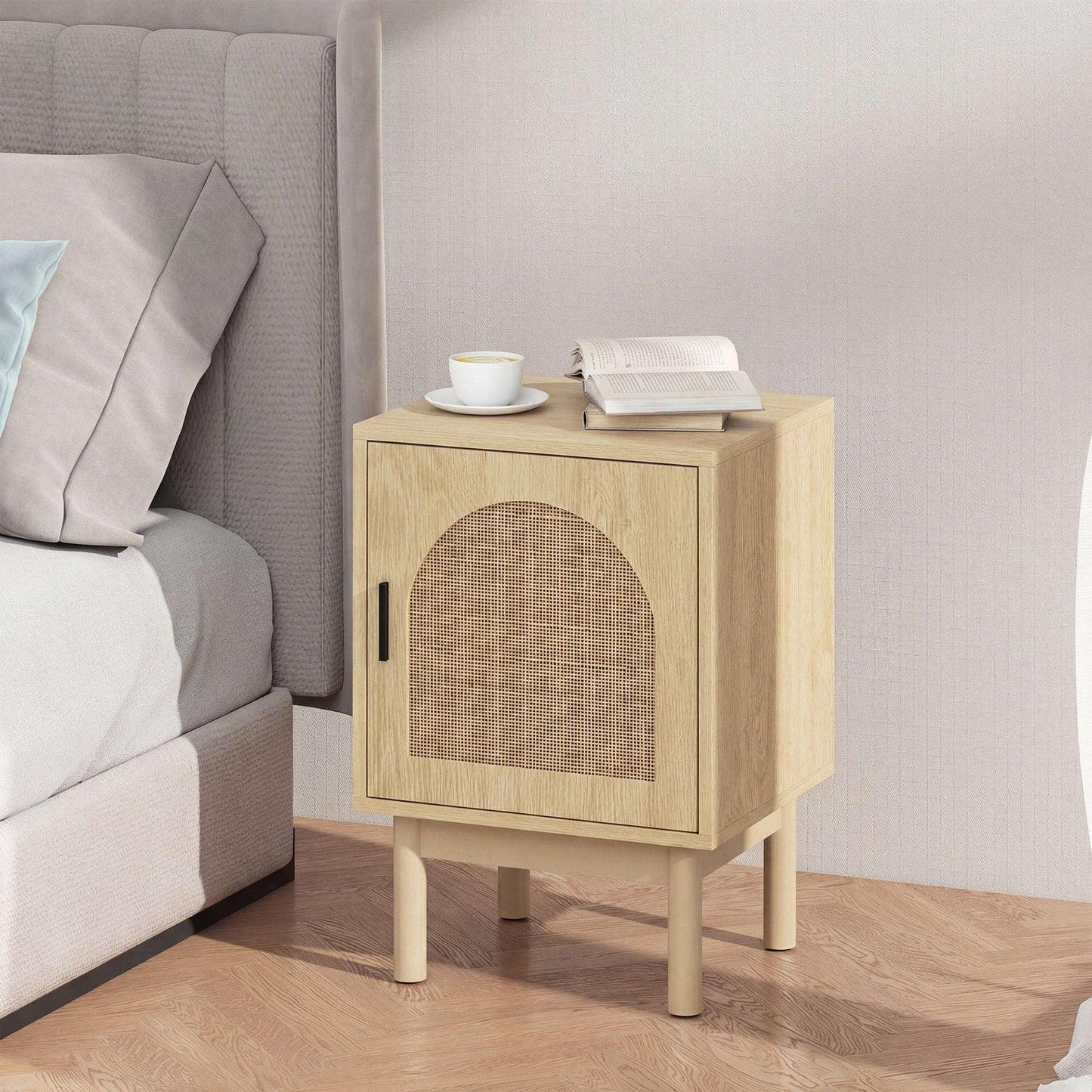 Boho Rattan Bedside Table | Arch Rattan Door | 2-Tier Cabinet | 3-Level Adjustable Shelf | Solid Wood Legs | Non-Slip Pads | 40kg Capacity | 40x35x58cm | Natural Wood