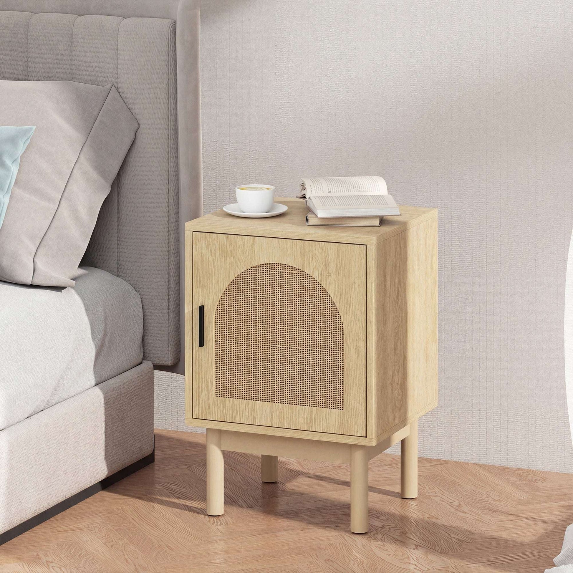 Boho Rattan Bedside Table | Arch Rattan Door | 2-Tier Cabinet | 3-Level Adjustable Shelf | Solid Wood Legs | Non-Slip Pads | 40kg Capacity | 40x35x58cm | Natural Wood