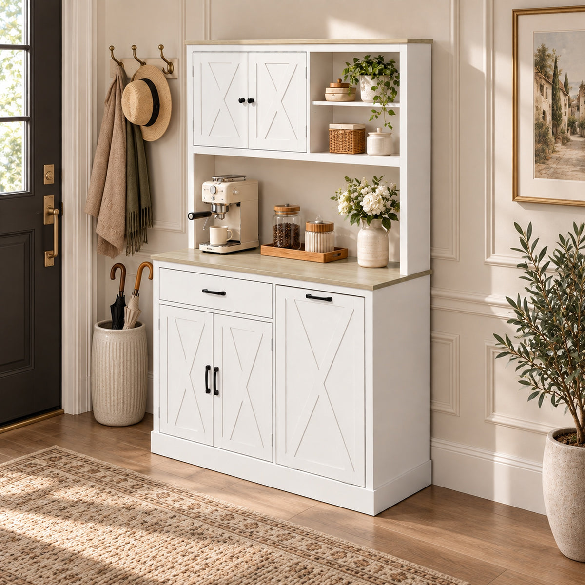 Kitchen Pantry Cabinet | 112W x 175H cm | Barn-Style Doors, Drawer, Spice Racks & Tilt-Out Bin Storage | White & Oak-Effect