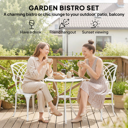 3 Piece Cast Aluminium Garden Bistro Set | Round Table Dia 61cm | Parasol Hole | 2 Chairs | Cut-Out Back Design | Adjustable Feet | 120kg | White
