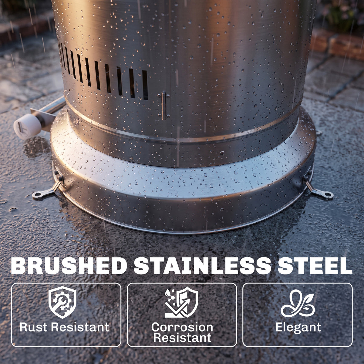 Outsunny Gas Patio Heater | Silver Stainless Steel | 13kW Stepless | 30m² Coverage | Pulse Ignition | Tip-Over Protection | Propane | Metal Mesh Guard | Tank Cabinet | 52x46x136cm