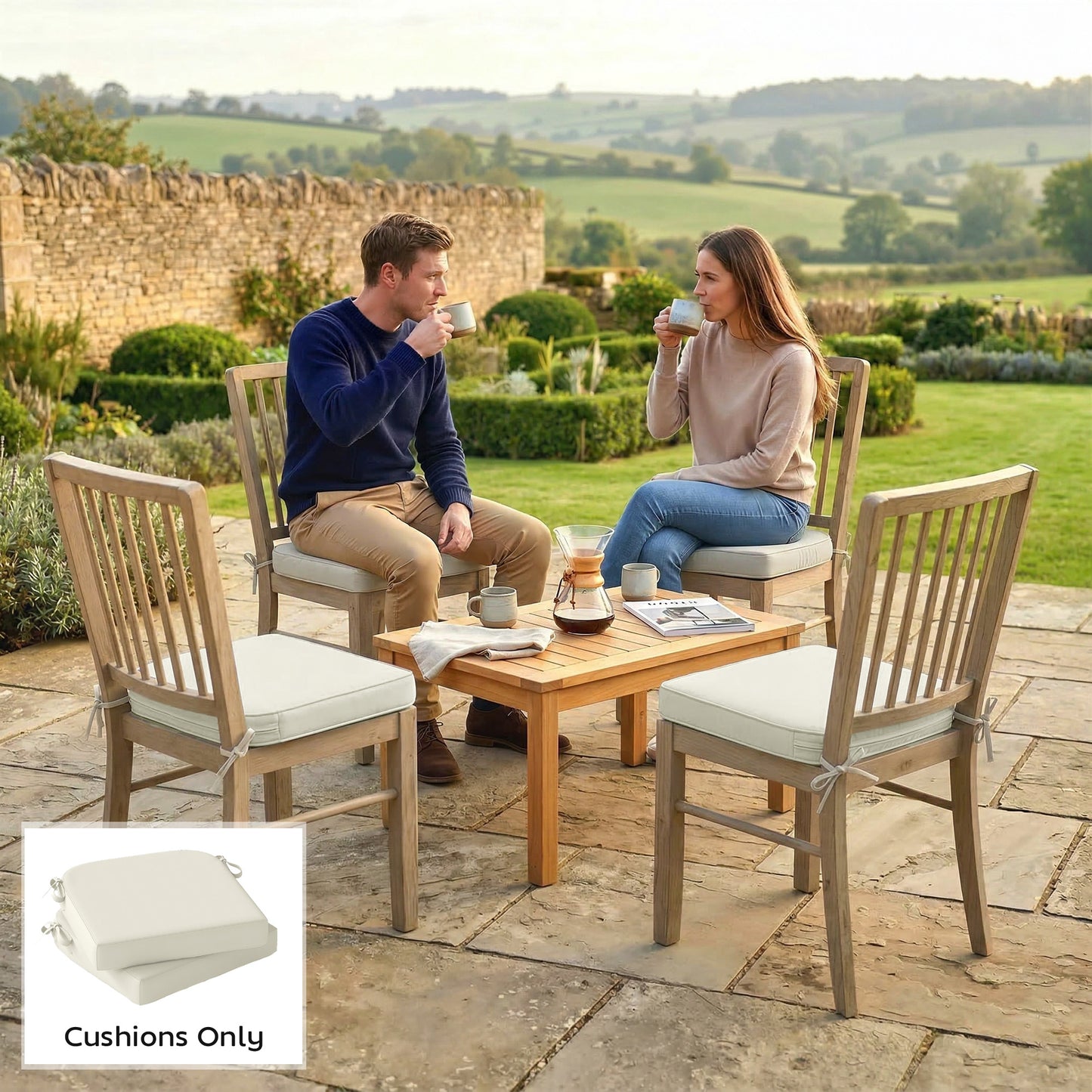 Set of 2 Outdoor Garden Chair Cushions | 7cm Foam | Water-Repellent UV30+ | Zip Cover | Ties | Cream White