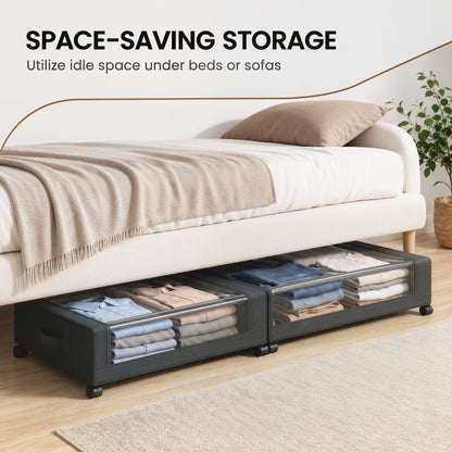 2-Pack Under-Bed Storage Boxes | 40 L Each Fabric Rolling Drawers with Clear PVC Lids & Wheels | 10 kg Load | Black