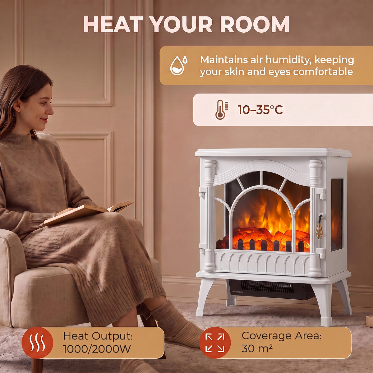 White Electric Fireplace Stove | 3-Sided Glass Flame Effect Fan Heater, 1000W/2000W, 15–30 m² Coverage | Freestanding