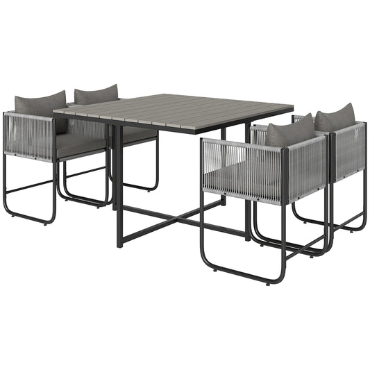 4 Seater Rattan Cube Garden Furniture Set, Rattan Dining Set with Cushions, Outdoor Dining Table and Chairs with Rectangular Wood Grain