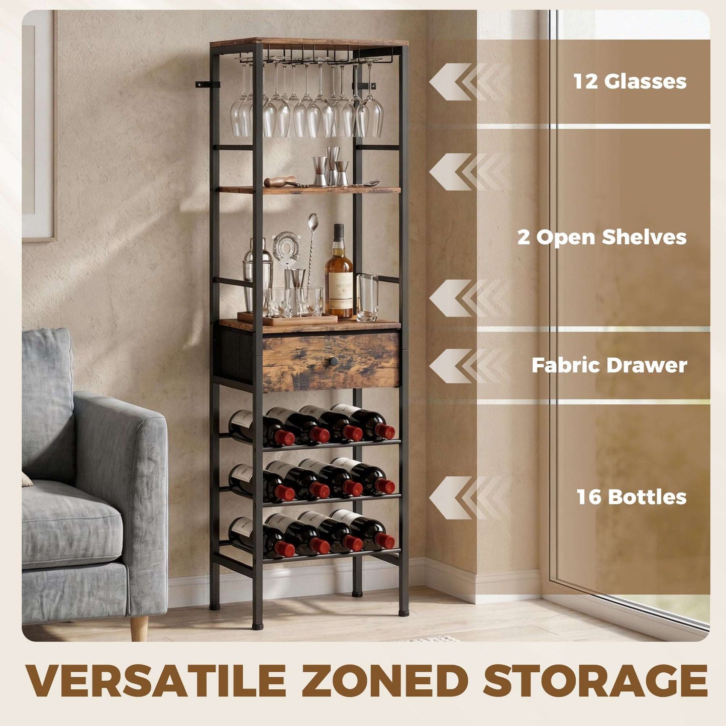 Industrial Wine Bar Cabinet | 16 Bottle Rack | 12 Glass Holder | Freestanding | 40x29x148.5cm | Rustic Brown