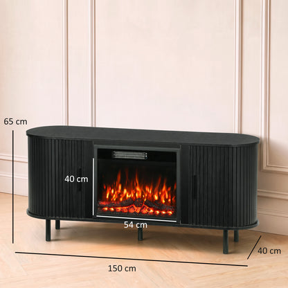 Electric Fireplace TV Stand | TVs up to 70 Inch | 150cm Black Fluted Storage Unit | 900W/1800W, 12 Flame Colours & Remote