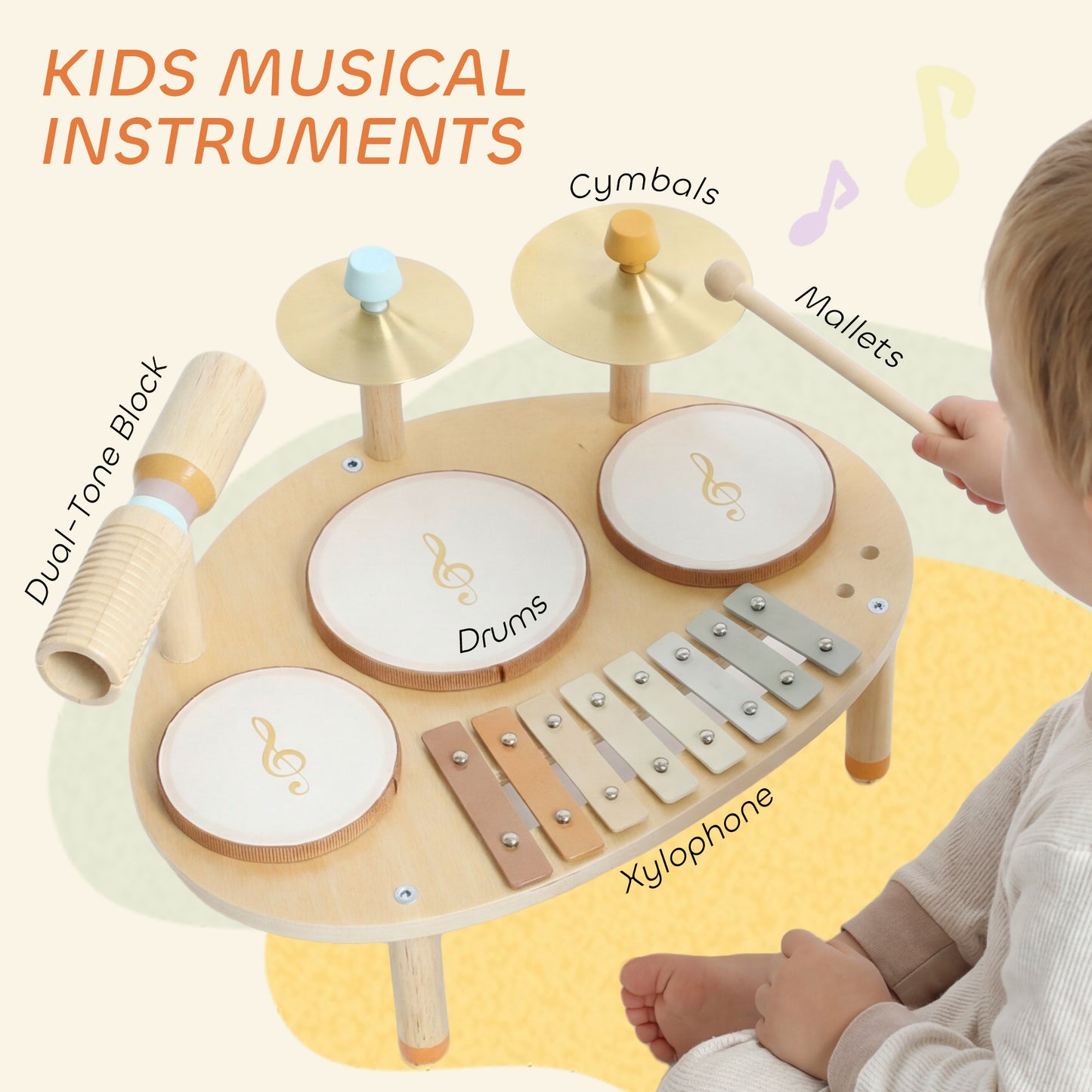 Baby Drum Kit – 4-in-1 Wooden Musical Instruments, 3 Drums, 8-Note Xylophone, Cymbals & Dual-Tone Block, EN71 Tested, Gift-Ready, Ages 2+