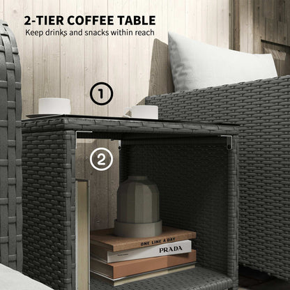 Outsunny Five Piece Rattan Garden Furniture Set with 2-Tier Coffee Table and Ottomans - Grey