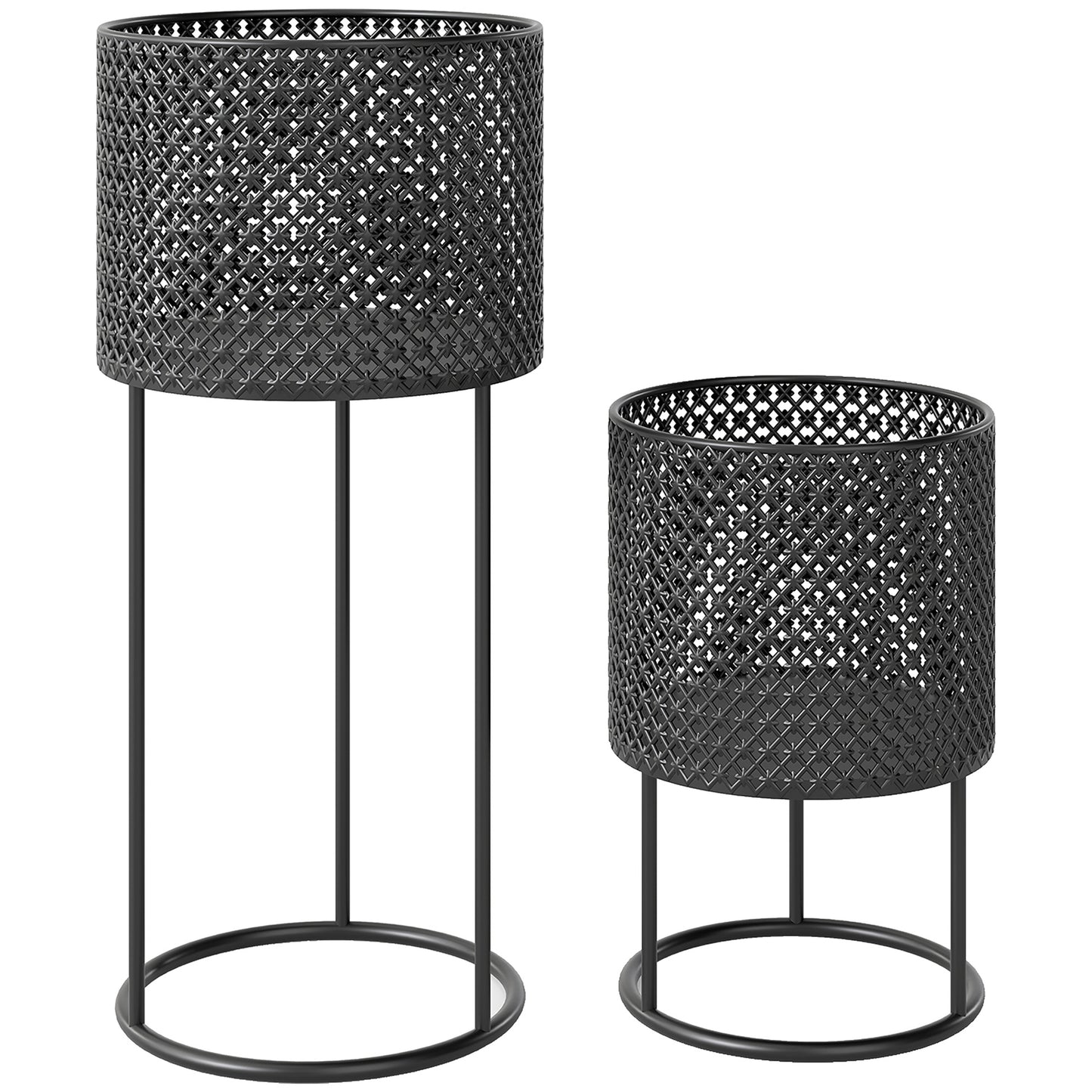 Set of 2 Powder-Coated Metal Plant Pots | Hollow Woven Design | Stackable | 10kg Large Ø23x50cm | 8kg Small Ø20x30cm | Patio Balcony & Indoor | Black