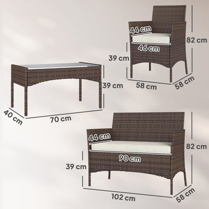 4-Piece PE Rattan Garden Sofa Set | Loveseat | 2 Armchairs | Tempered Glass Coffee Table | Powder-Coated Steel Frame | 2000h UV-Resistant PE Rattan | 5cm Zip Cushions | Protective Foot Pads | 240kg Loveseat Capacity | Brown