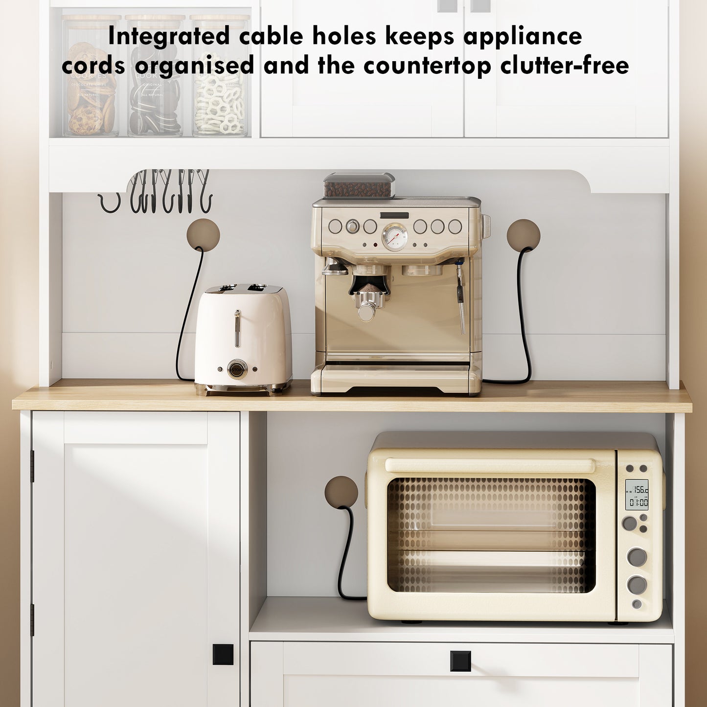 Freestanding Kitchen Cupboard | 2 Cabinets | 2 Drawers | 3 Door Racks | Adjustable Shelves | 8 Mug Holders | 106kg | White