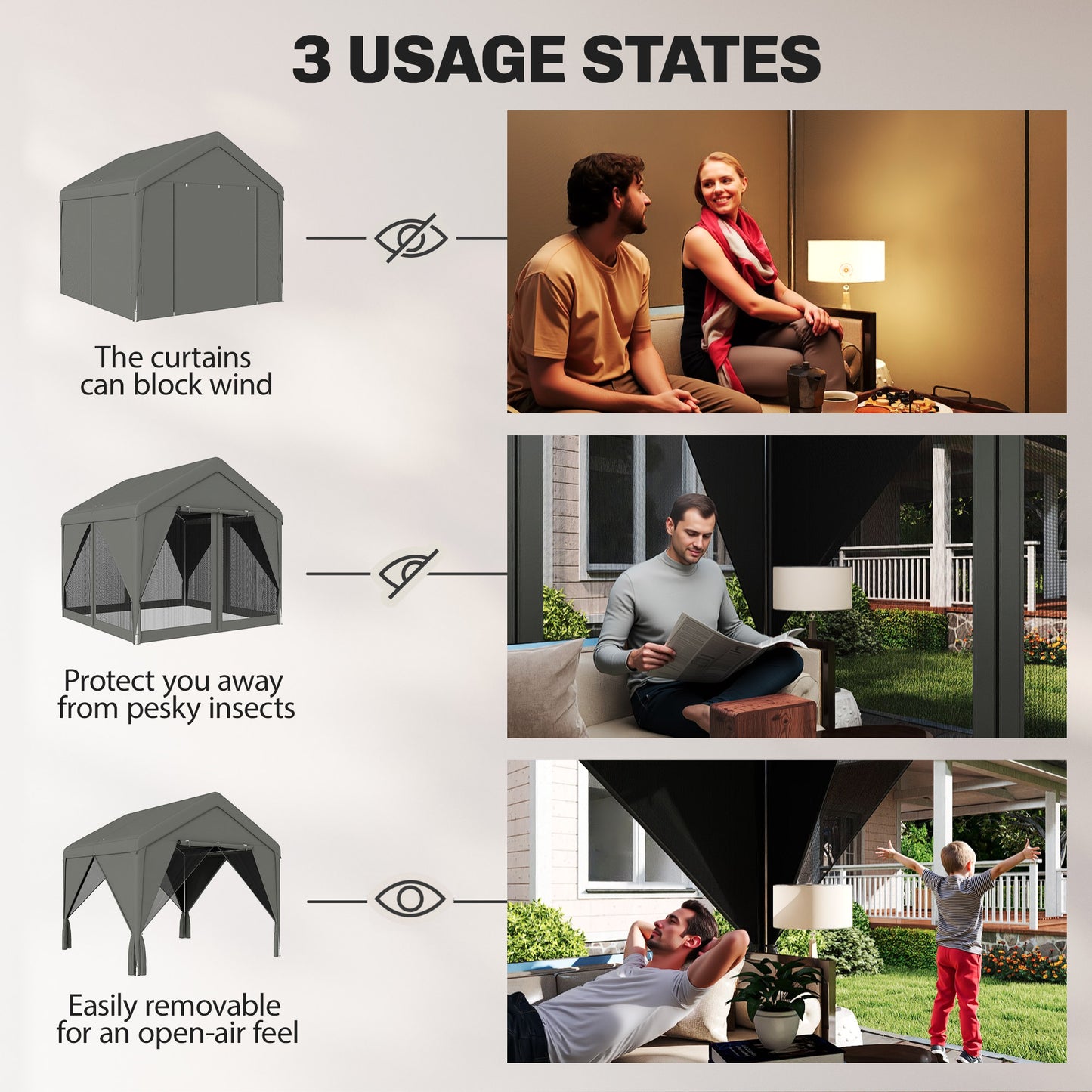 3x3m Garden Gazebo | Dual-Layer Sidewalls | Mesh Netting & Curtains | UV30+ PVC-Coated Apex Roof | 2 Roll-Up Doors & 2 Side Doors | Galvanised Steel Frame | Seats 6-9 | 295x300x278cm | Dark Grey