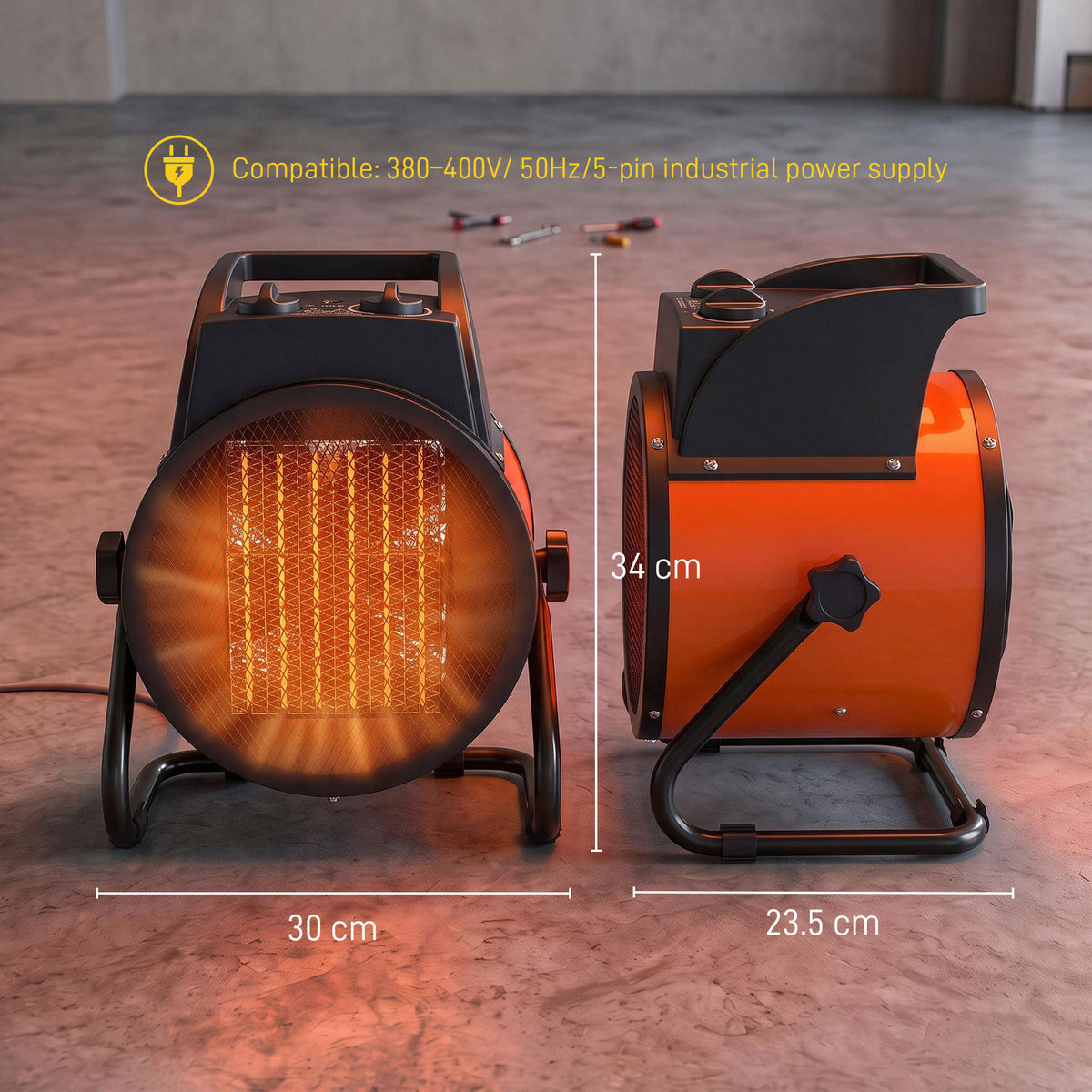 5000W Industrial PTC Fan Heater | 3300W/5000W | Tilting Airflow | Adjustable Thermostat | Orange | 380-400V 5-Pin