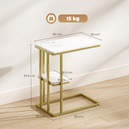 C-Shaped Narrow Side Table, 2-Tier Slim End Table, Nightstand for Small Spaces, Living Room, Bedroom, White Marble Grain