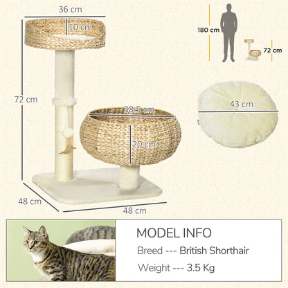 PawHut 72cm Cat Tree Kitten Tower, with Sisal Scratching Post, Two Beds, Toy Ball