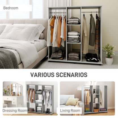 Double Open Wardrobe on Wheels, Bedroom Wardrobe with Clothes Hanging Rails, 3 Storage Shelves, Mobile Garment Rack for Cloakroom, Hallway, Grey
