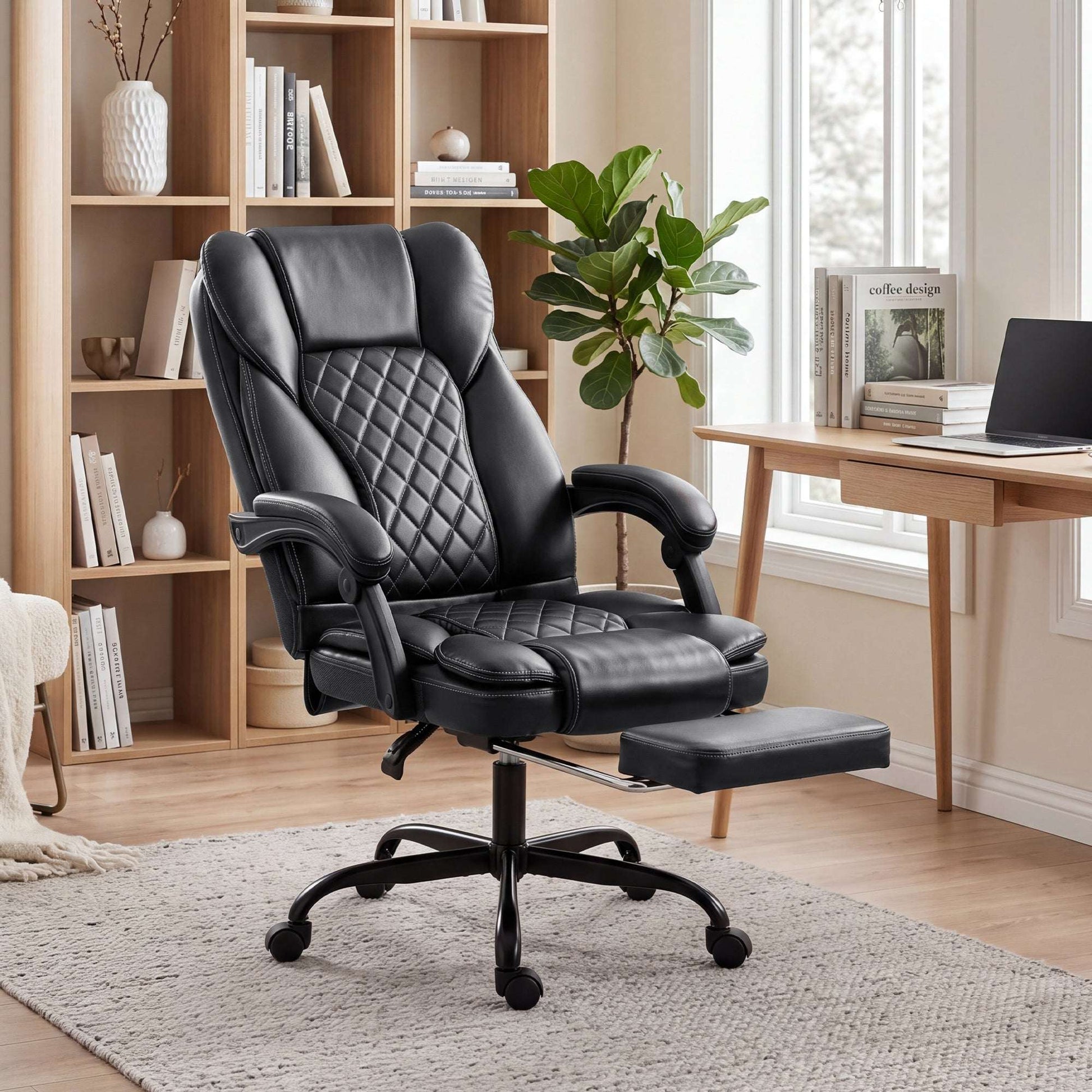 High-Back Executive Reclining Office Chair | 90-135° Recline | Linkage Armrests | Retractable Footrest | Pocket Spring & Foam Seat | PU Leather | EN1335 & BS5852 | 120kg | Black