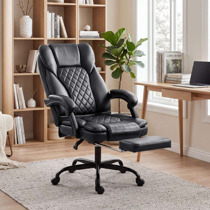 High-Back Executive Reclining Office Chair | 90-135° Recline | Linkage Armrests | Retractable Footrest | Pocket Spring & Foam Seat | PU Leather | EN1335 & BS5852 | 120kg | Black
