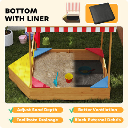 AIYAPLAY Wooden Kids Sandpit Boat Style with Canopy, 4 Seats, Rudder, Bottom Liner, for Children 3-8 Years, Yellow