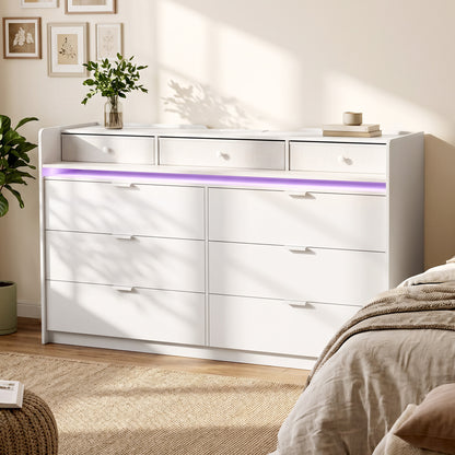 Chest of 9 Drawers with LED Strip & Charging Station | White MDF | 148.7x45x82cm | 2700-6500K Bluetooth | 2 UK Outlets USB-A USB-C | TV Stand up to 65in | Anti-Tip | 85kg