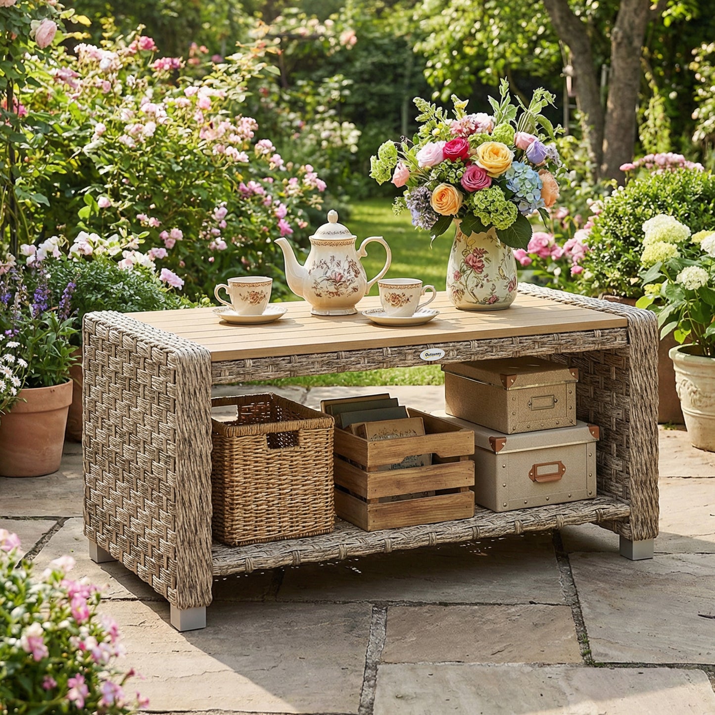 2-Tier Rattan Garden Coffee Table | Storage Shelf | Slatted Top | 50kg | Foot Pads | Light Brown
