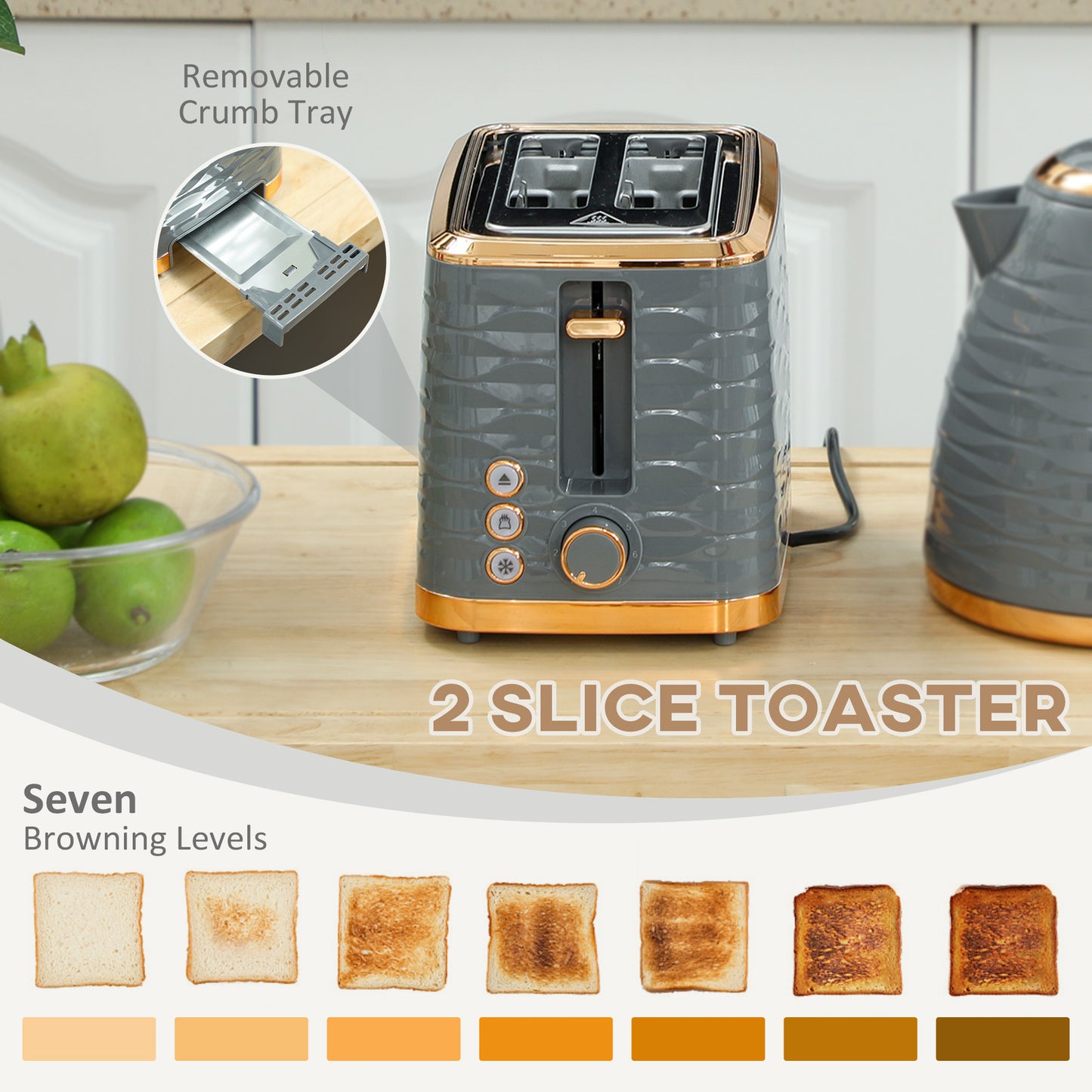 3000W 1.7L Rapid Boil Kettle & 2 Slice Toaster, Kettle and Toaster Set with 7 Browning Controls and Crumb Tray, Grey / Black