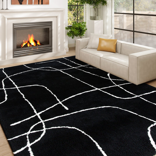 Modern Fluffy Area Rug, Geometric Pattern Washable Rug, Soft High Pile Floor Carpet for Living Room, Bedroom, Dining Room, Home Office, 170 x 120 cm, Black