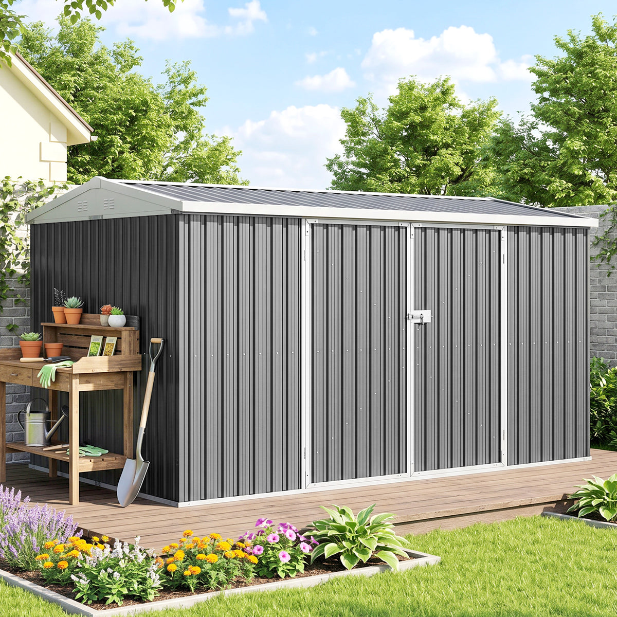 Large Galvanised Steel Garden Storage Shed | 420x245x200cm | 14x8ft | 9.7m² Floor | Sloped Roof | 4 Ventilation Windows | Lockable Door | Foundation Kit | Lock & Gloves Included | Grey