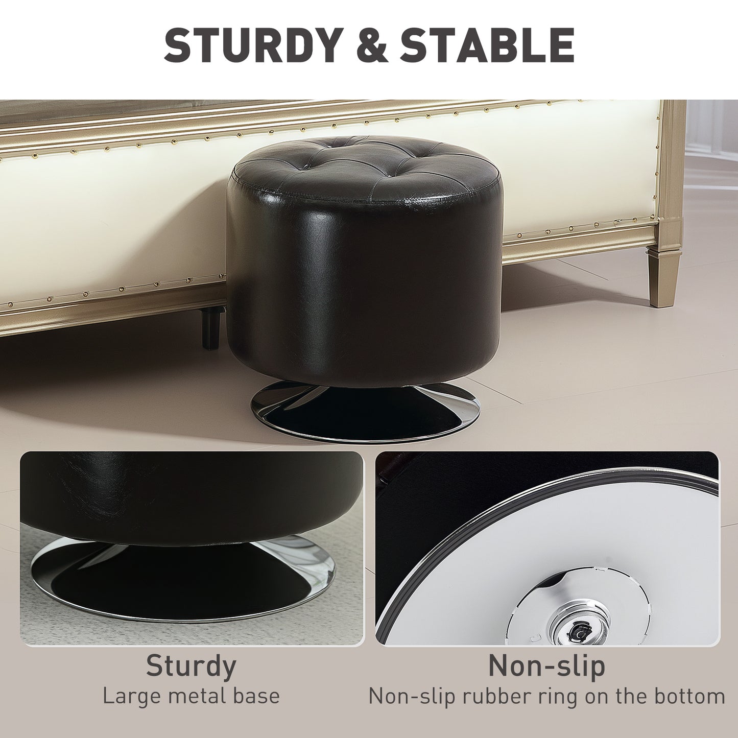 Retro Vintage Style 360° Swivel Foot Stool Round PU Footstool with Thick Sponge Padding and Solid Steel Base, Brown