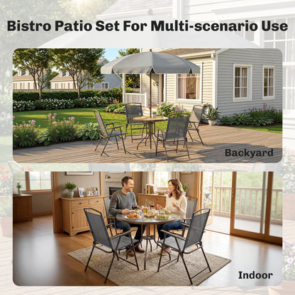 6-Piece Garden Dining Set with Parasol | 4 Folding Mesh Chairs | Glass Table | Ø170cm Parasol | Dark Grey