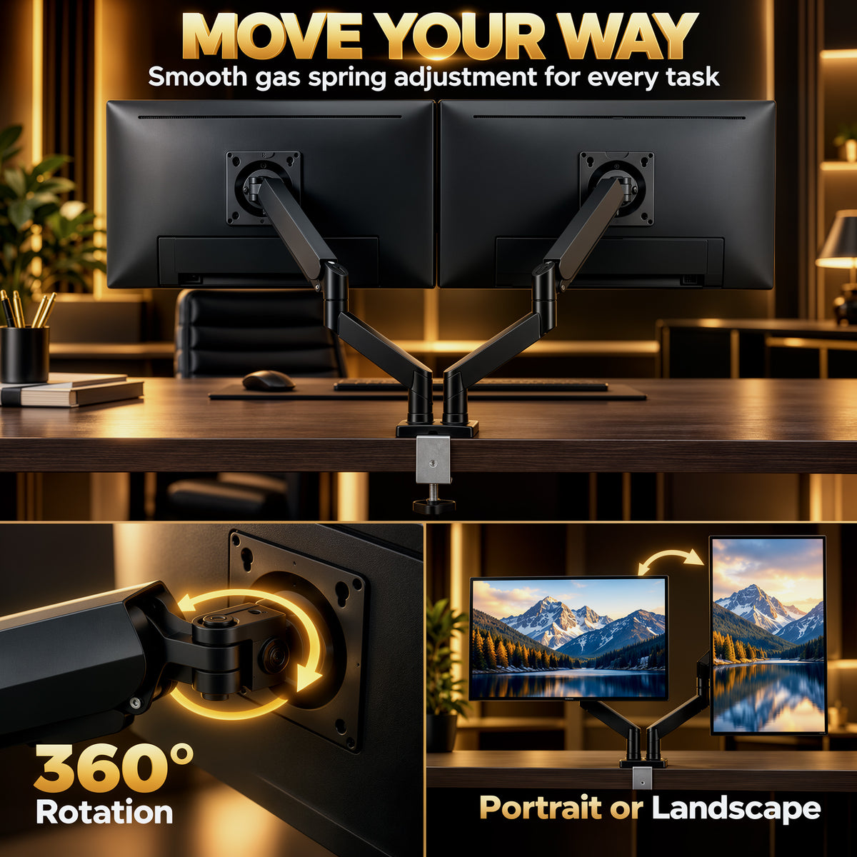 Dual Monitor Arms | 2 Screens up to 32 Inch | Gas Spring Height Adjustment, Tilt & 360° Rotation | 20kg Capacity | Black Steel