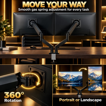 Dual Monitor Arms | 2 Screens up to 32 Inch | Gas Spring Height Adjustment, Tilt & 360° Rotation | 20kg Capacity | Black Steel