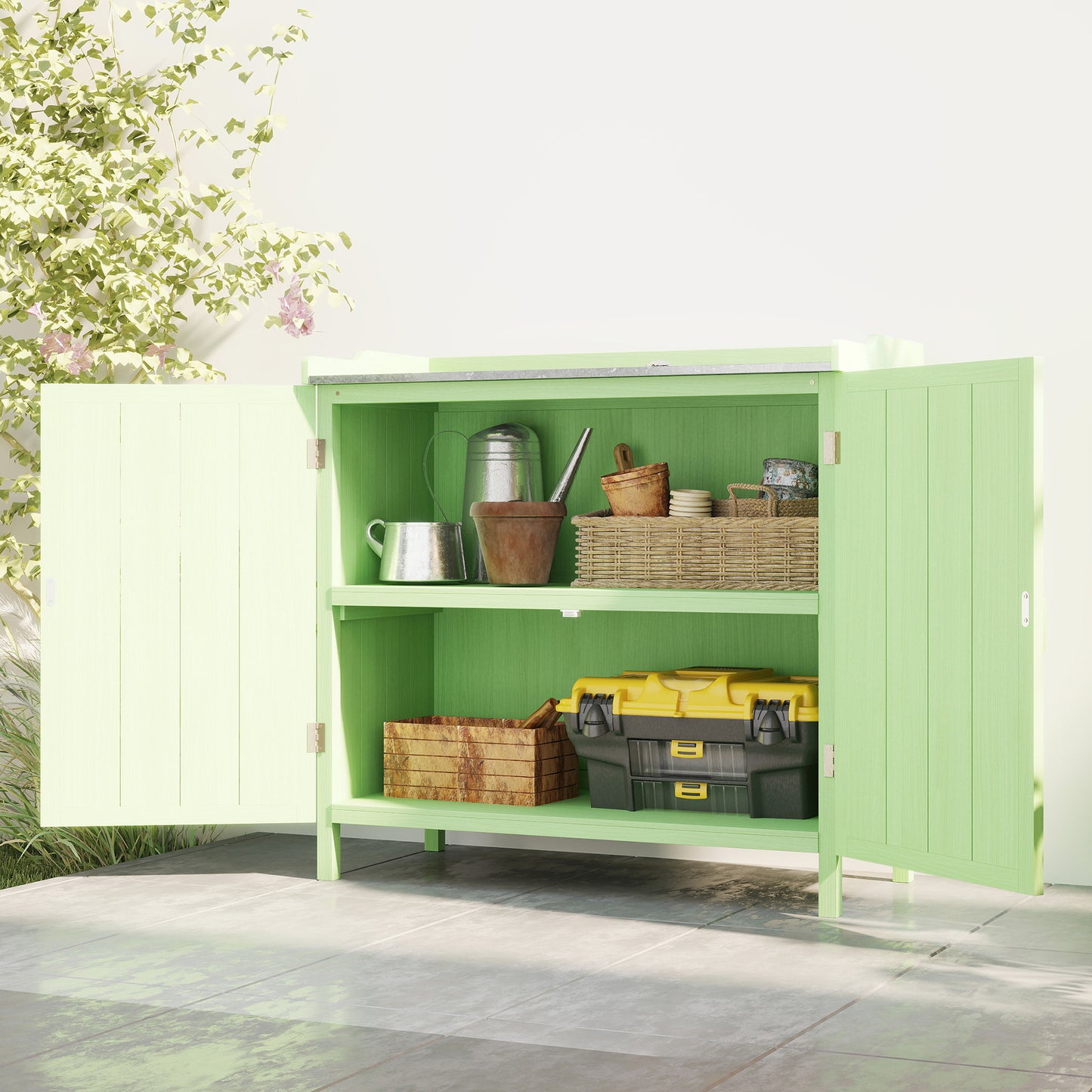 Wood Garden Storage Cabinet, Outdoor Tool Shed, Potting Bench Table with galvanised Top and Two Shelves, Green