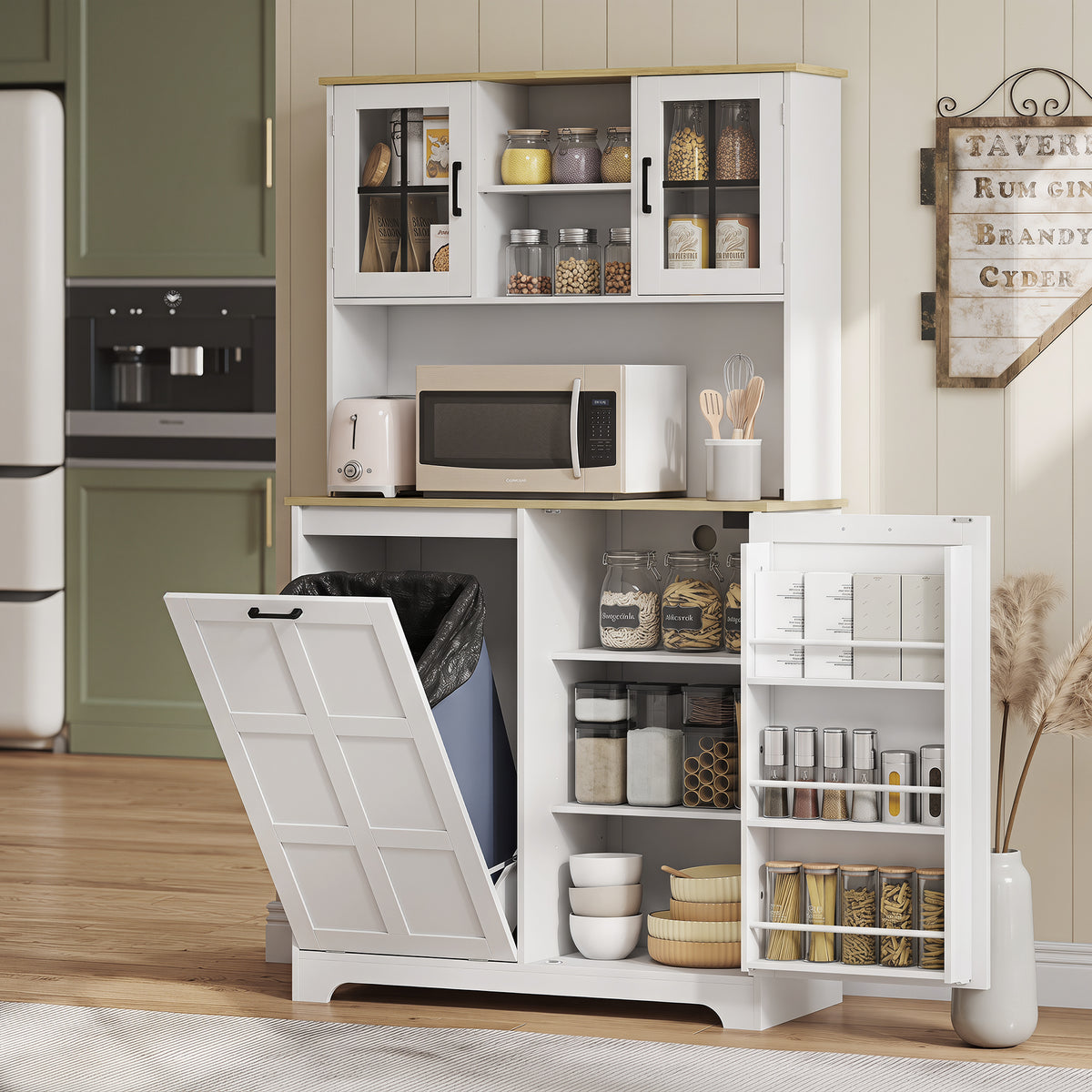 175cm Tall Kitchen Cabinet | Bin Cabinet | Acrylic Doors | 3 AC Outlets | Adjustable Shelves | 141kg | 100x35x175cm | White