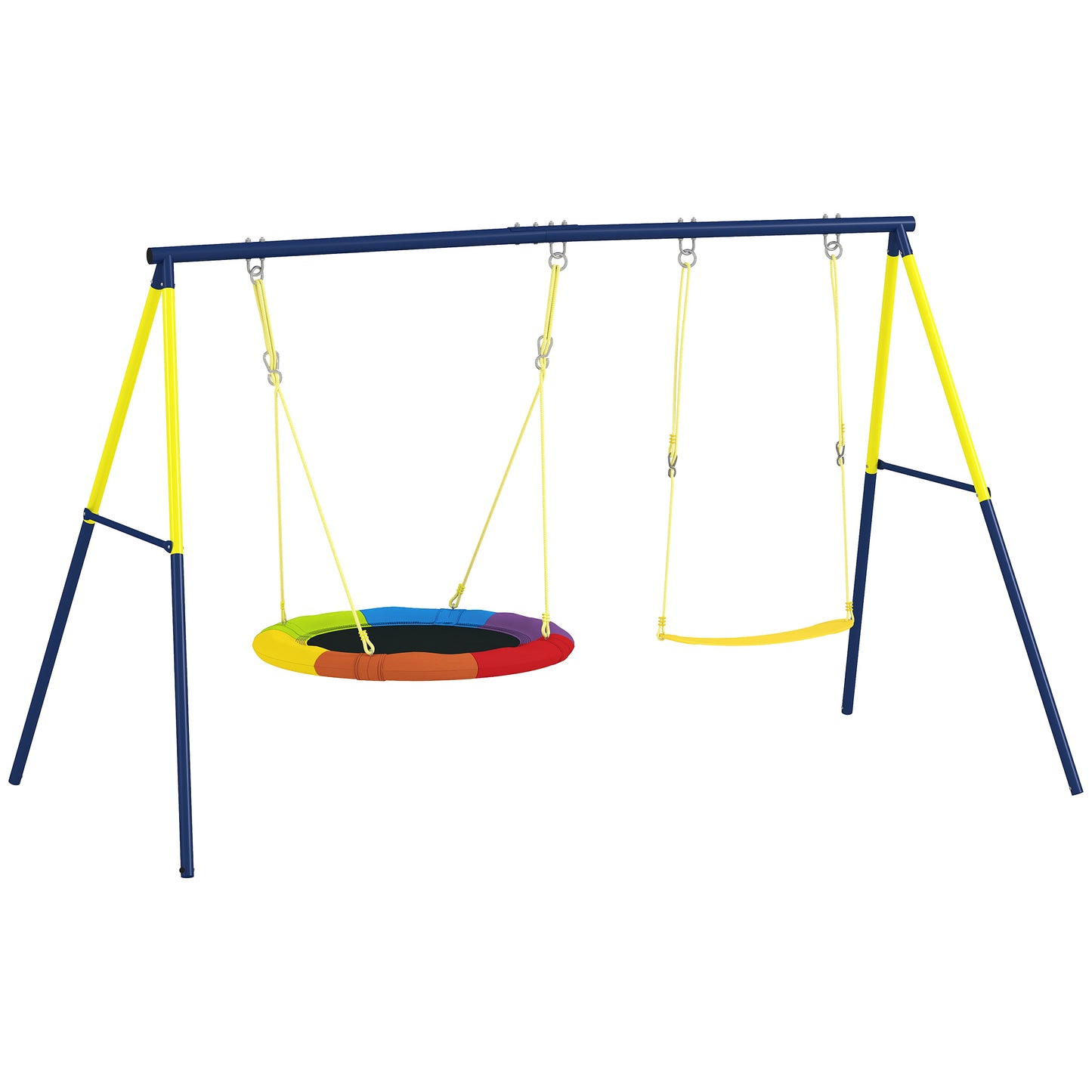 Kids Swing Set with Saucer Nest Swing & Belt Swing – 150kg Capacity, Adjustable Ropes, Steel A-Frame, Ground Stakes, EN71 Tested, Ages 3–8
