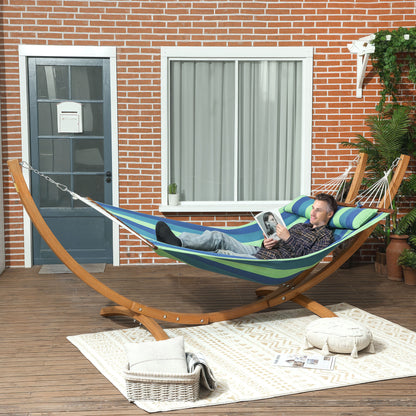 Outdoor Hammock with Stand, Garden Hammock with Triple-Head Eucalyptus Wood Arc Frame, 1 Person Cotton Bed and Head Pillow, Freestanding Garden Swing