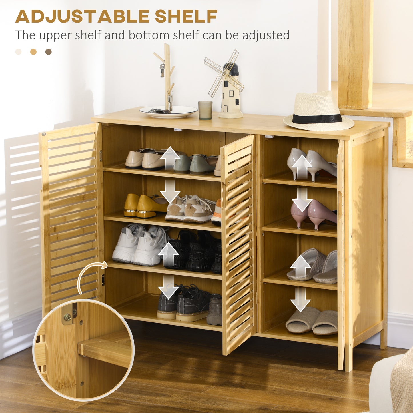 Rustic Shoe Cabinet, 3 Door Shoe Storage Cabinet with 8 Shelves, Natural Wood Finish