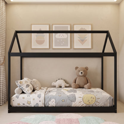 Single House Bed Frame | Pine Wood Kids Bed with Roof Frame, 15 Slats & 120 kg Capacity | 90 x 190 cm Mattress | Black