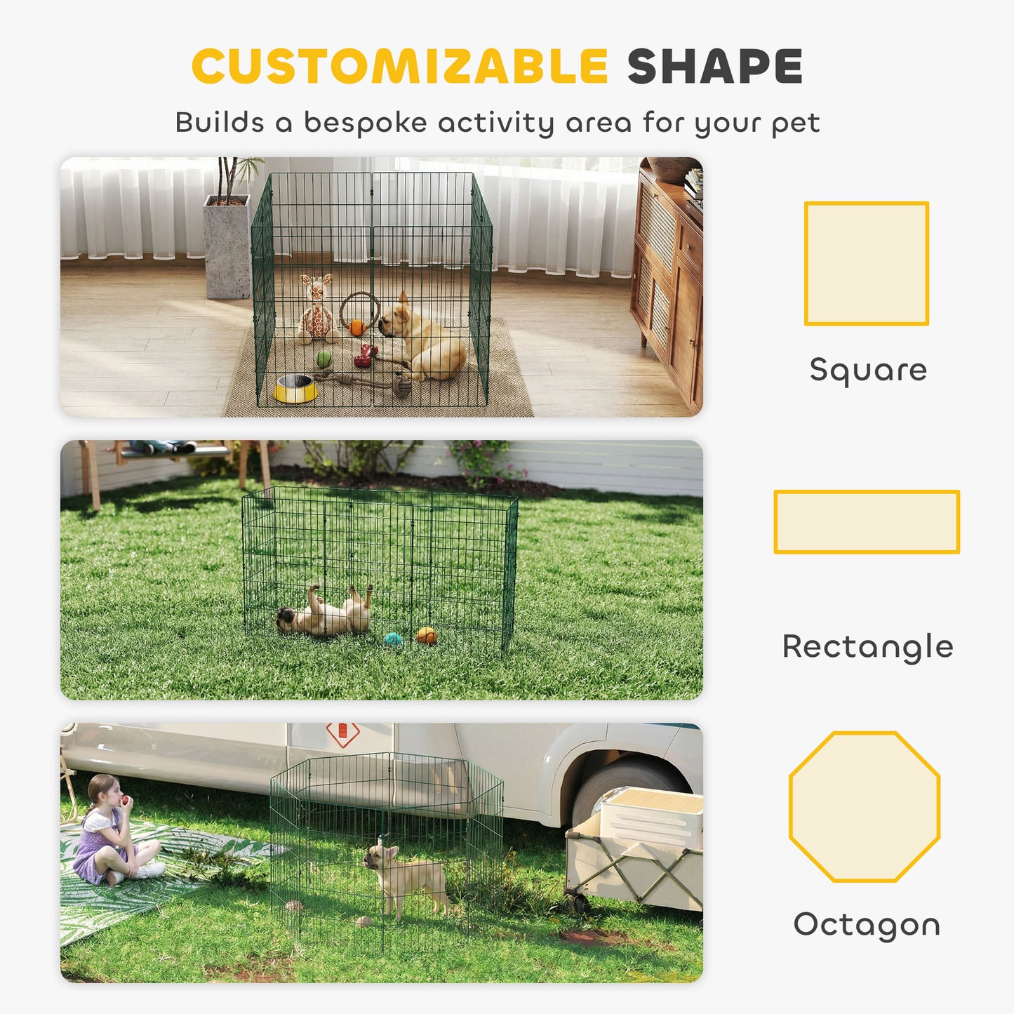 8 Panel Dog Playpen | 80cm Tall | DIY Shape | PE Coated Steel | Foldable | Outdoor Stakes | Medium Dogs up to 25kg | Green